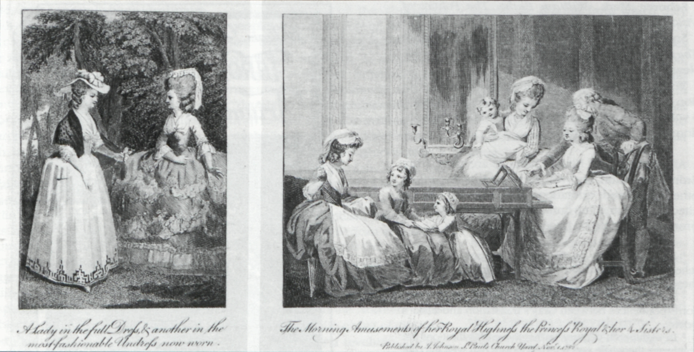 A Lady in the full Dress, & another in the
				most fashionable Undress now worn.
				
				The Morning Amusements of her Royal Highness the Princess Royal & her 4 Sisters.
				Published by J. Johnson St. Paul’s Church Yard Novr I, 1782.
