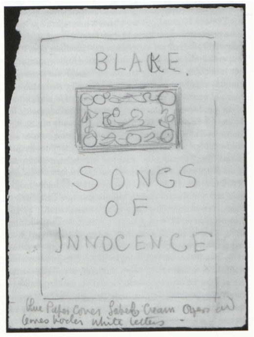 BLAKE.
              
              SONGS
              OF
              INNOCENCE
              
              blue Paper Cover Label Cream Gr[a]pes and
              leaves bo[r]der white letters