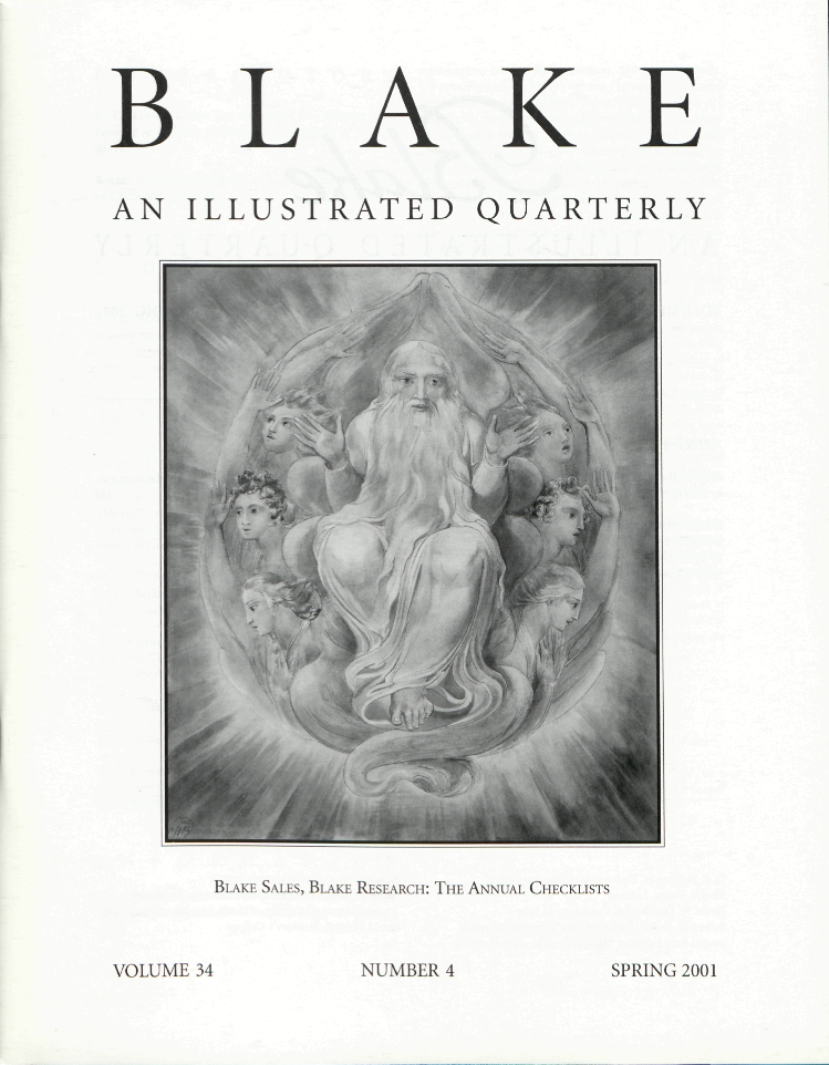 BLAKE
            AN ILLUSTRATED QUARTERLY
            BLAKE SALES, BLAKE RESEARCH: THE ANNUAL CHECKLISTS
            VOLUME 34
            NUMBER 4
            SPRING 2001