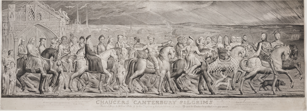 CHAUCERS CANTERBURY PILGRIMS
          	Painted in Fresco by William Blake & by him Engraved & Published October 8 1810.
          	Ye gon to Canterbury God mote you spede.