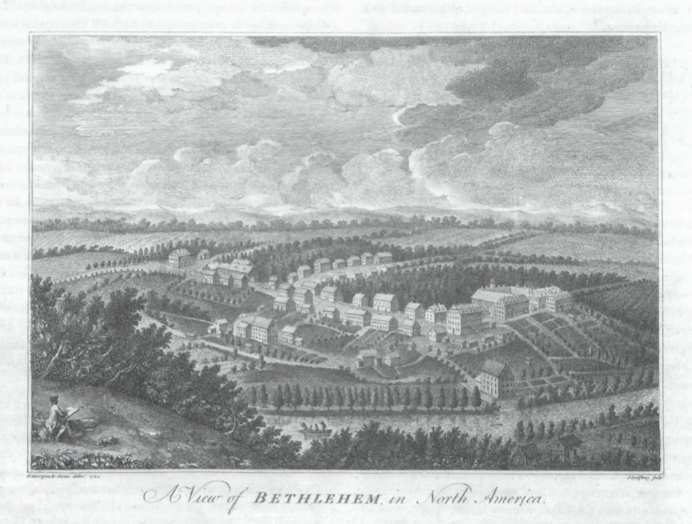 N. Garrison & Oerter delint. 1784
              J. Spilsbury sculpt.
              A View of BETHLEHEM in North America